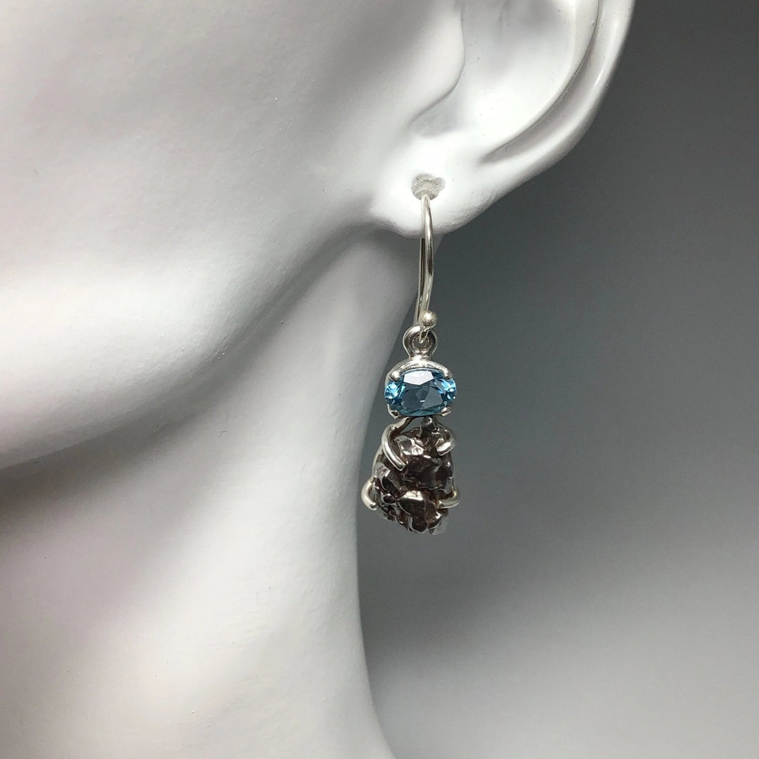 Campo Del Cielo Meteorite and Faceted Blue Topaz Dangle Earrings - Rocks and Gems Canada
