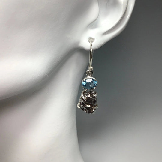 Campo Del Cielo Meteorite and Faceted Blue Topaz Dangle Earrings - Rocks and Gems Canada