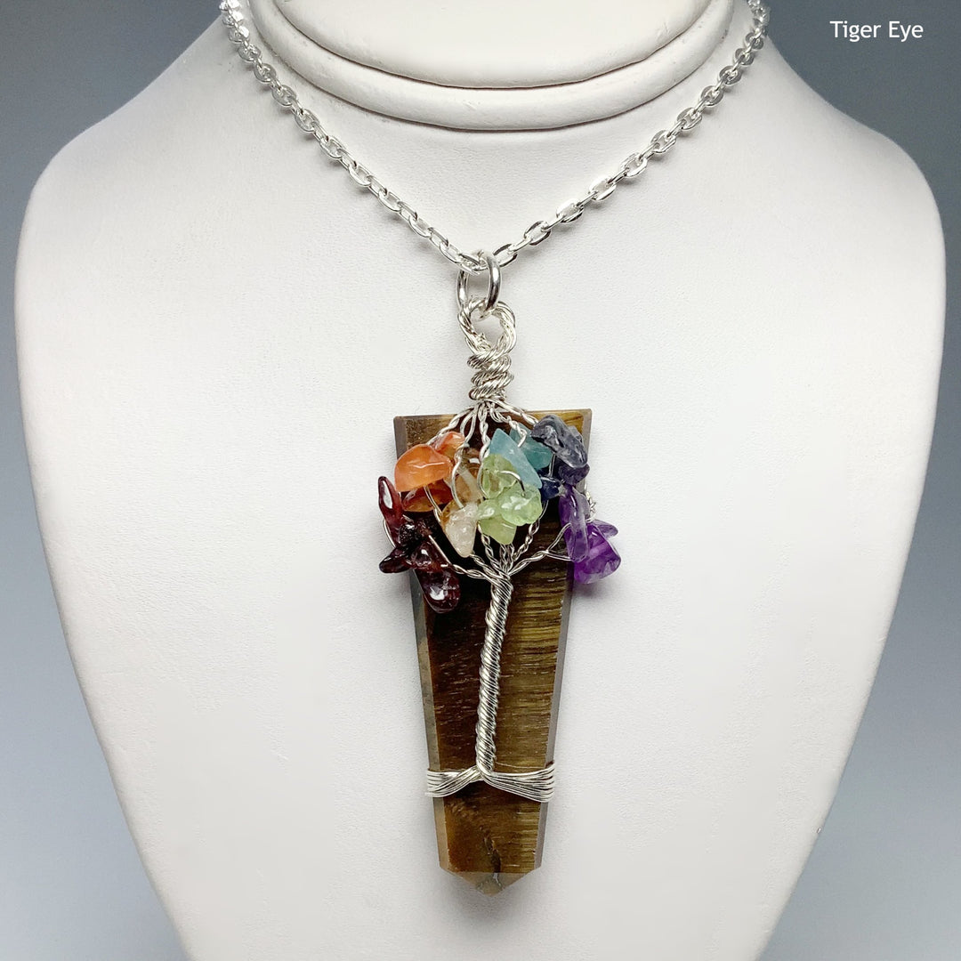 Wire Wrapped Flat Point with Chakra Tree of Life Necklace - Rocks and Gems Canada