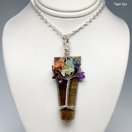 Wire Wrapped Flat Point with Chakra Tree of Life Necklace - Rocks and Gems Canada
