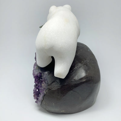 Star Marble Bear Carving with Canadian Jade Fish on Amethyst Base