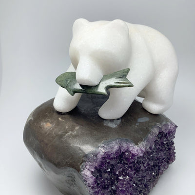 Star Marble Bear Carving with Canadian Jade Fish on Amethyst Base