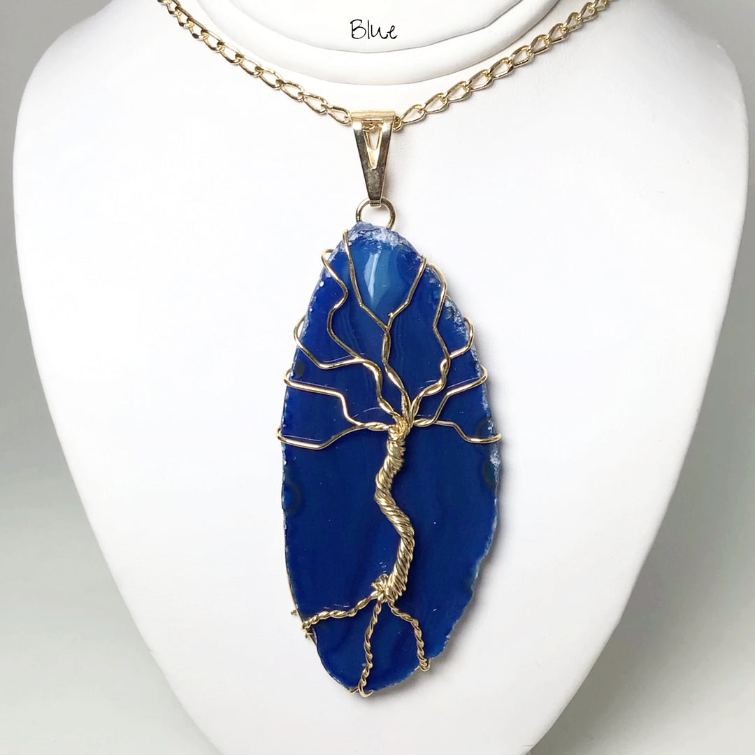 Tree of Life on Agate Slice Necklace - Gold Plated - Rocks and Gems Canada