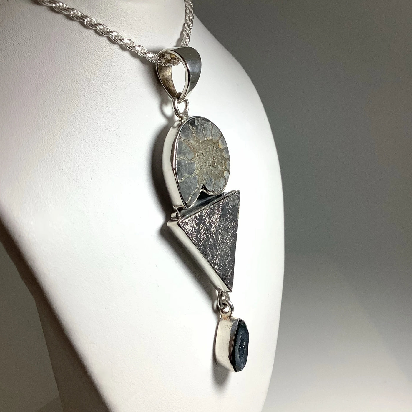 Muonionalusta Meteorite, Ammonite and Geode Pendant