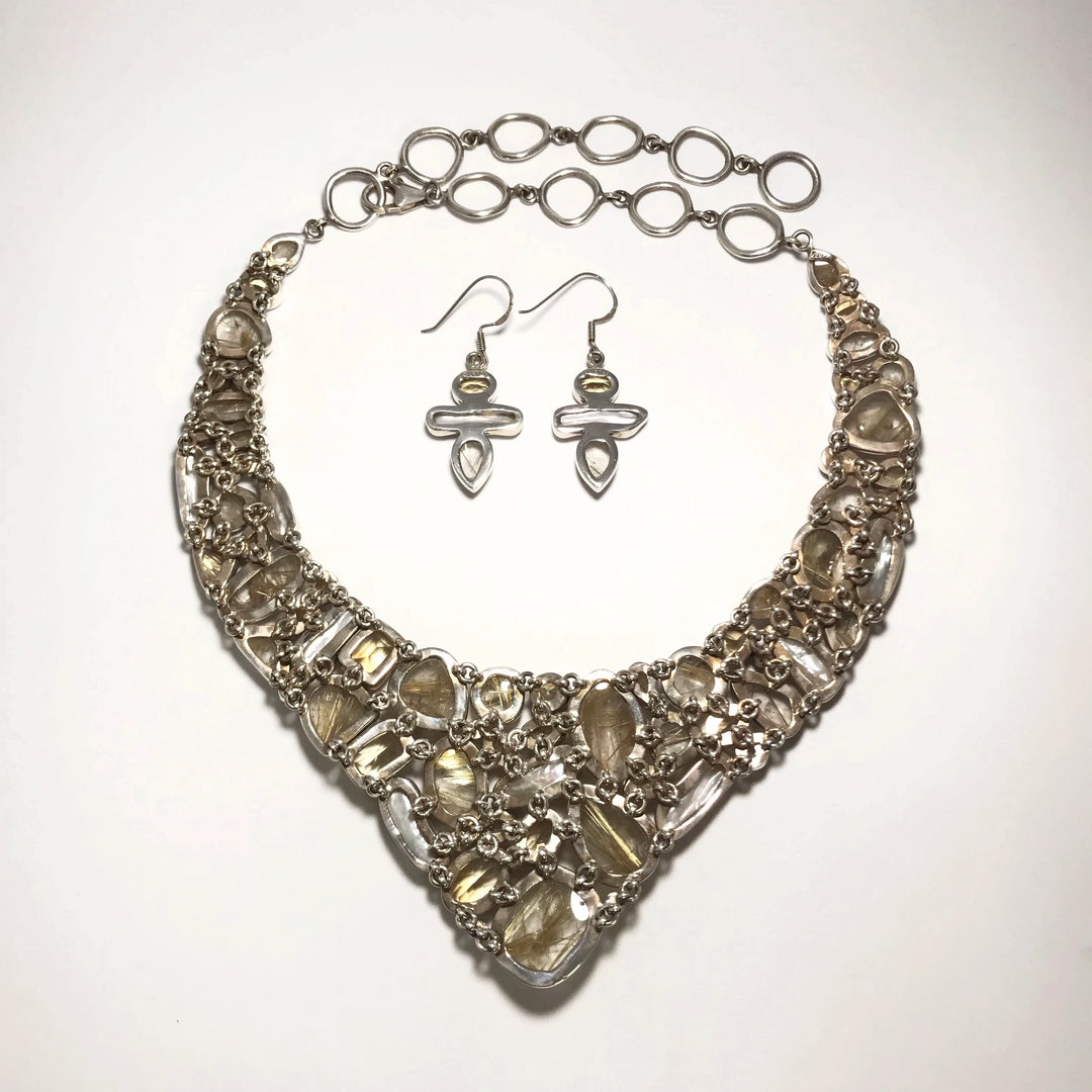 Rutilated Quartz, Citrine and Pearl Necklace and Earrings Set - Rocks and Gems Canada