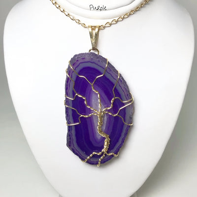 Tree of Life on Agate Slice Necklace - Gold Plated