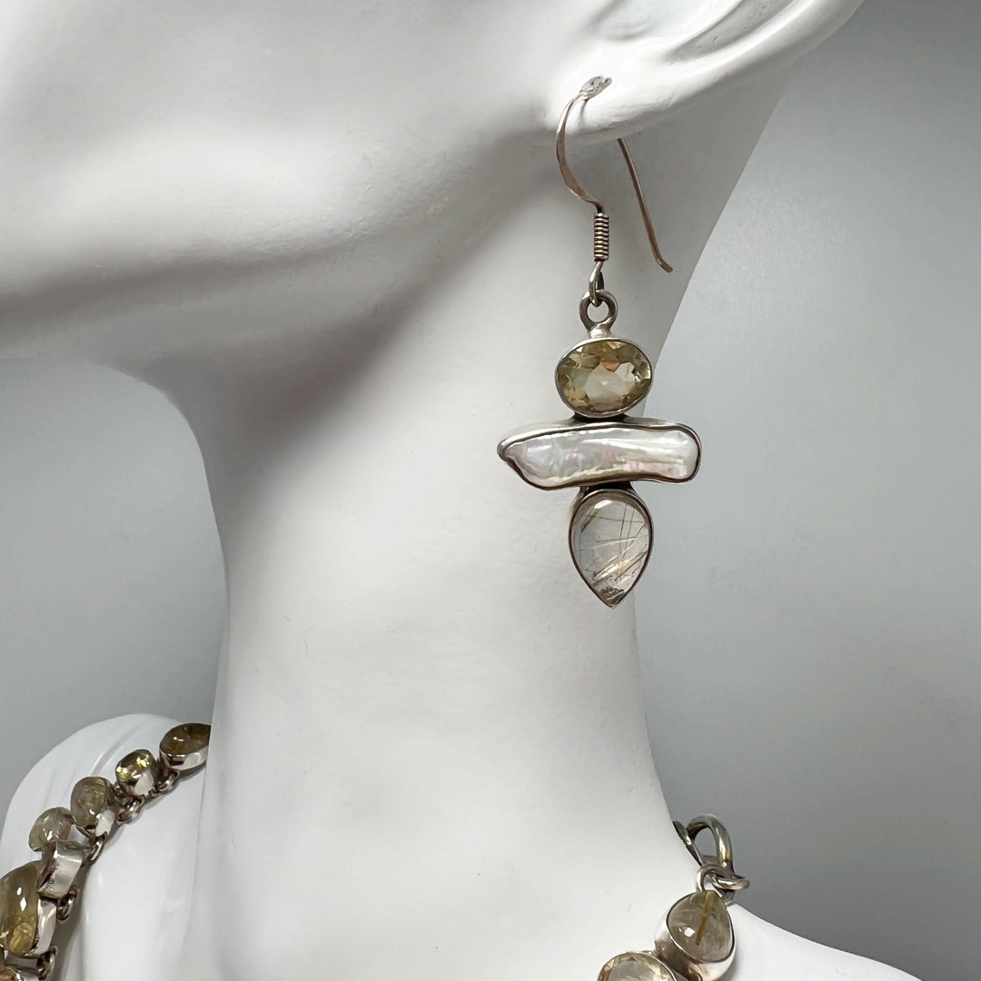 Rutilated Quartz, Citrine and Pearl Necklace and Earrings Set - Rocks and Gems Canada
