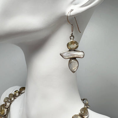 Rutilated Quartz, Citrine and Pearl Necklace and Earrings Set